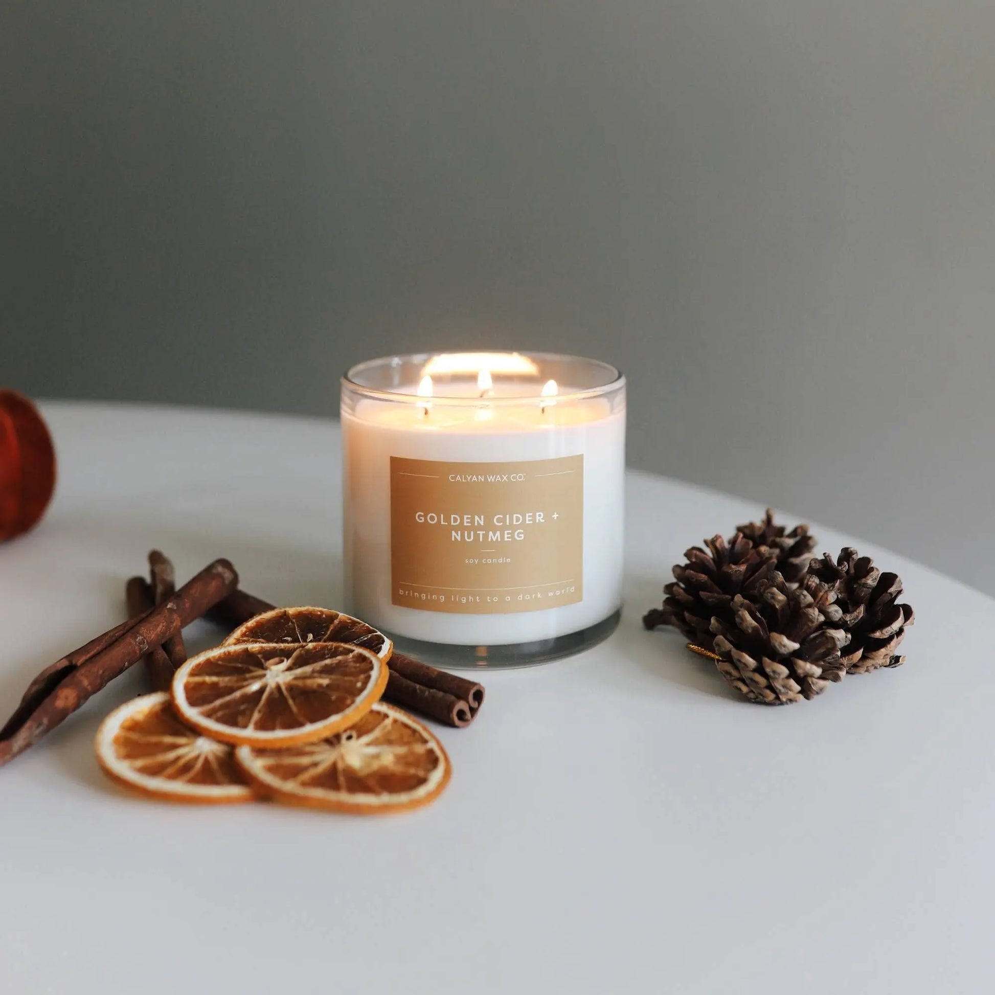 GoldenCider + Nutmeg - 3 Wick Clear Glass Tumbler Soy Candle Calyan Wax Co.