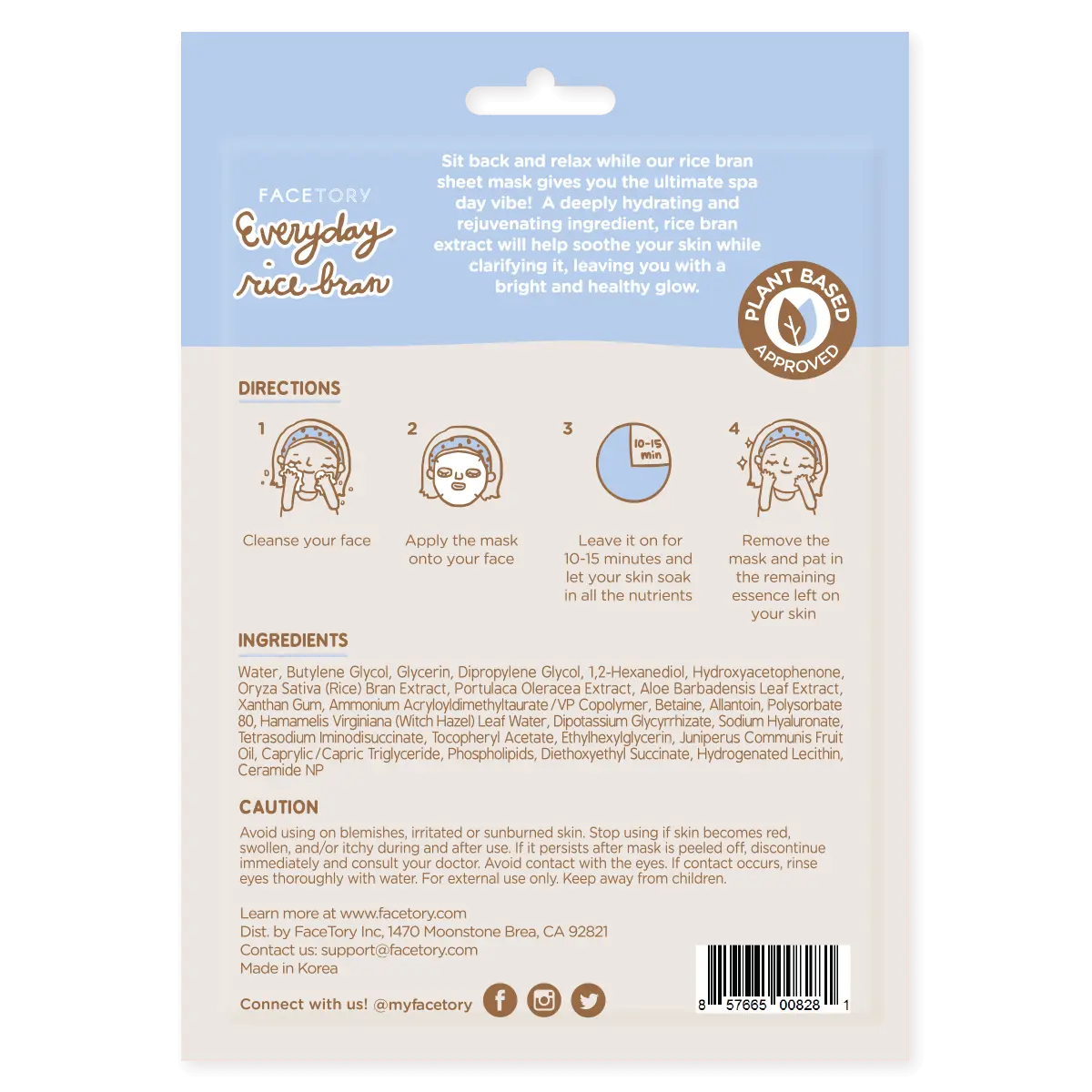 Face Mask - Korean Beauty - Soothing - Everyday - Rice Bran FaceTory