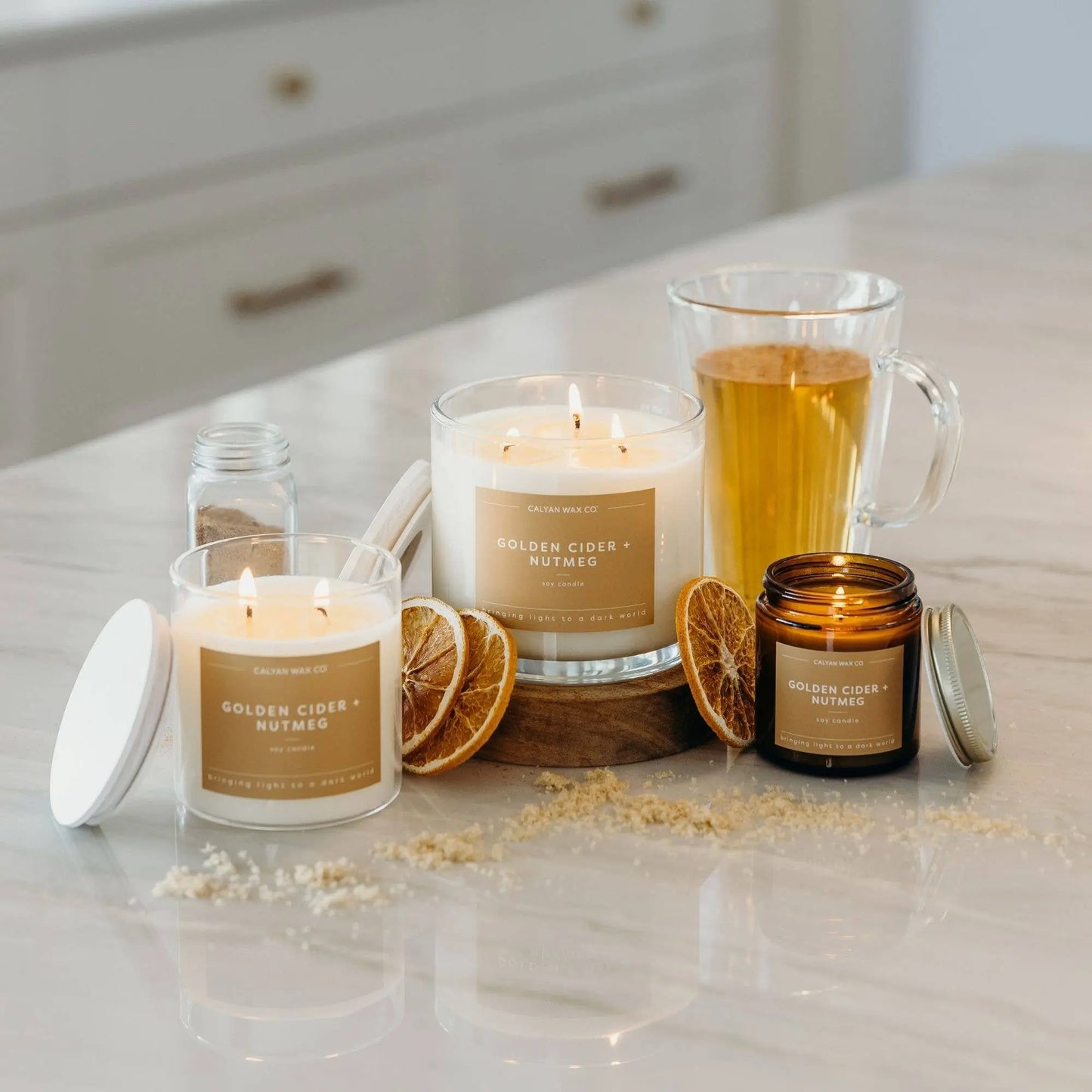 GoldenCider + Nutmeg - 3 Wick Clear Glass Tumbler Soy Candle Calyan Wax Co.