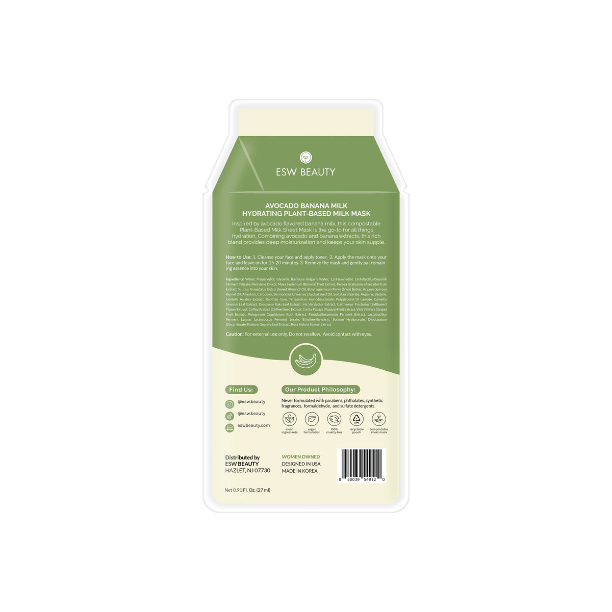 Avocado Banana Milk Hydrating Plant-Based Milk Sheet Mask: With Peg Hole ESW Beauty