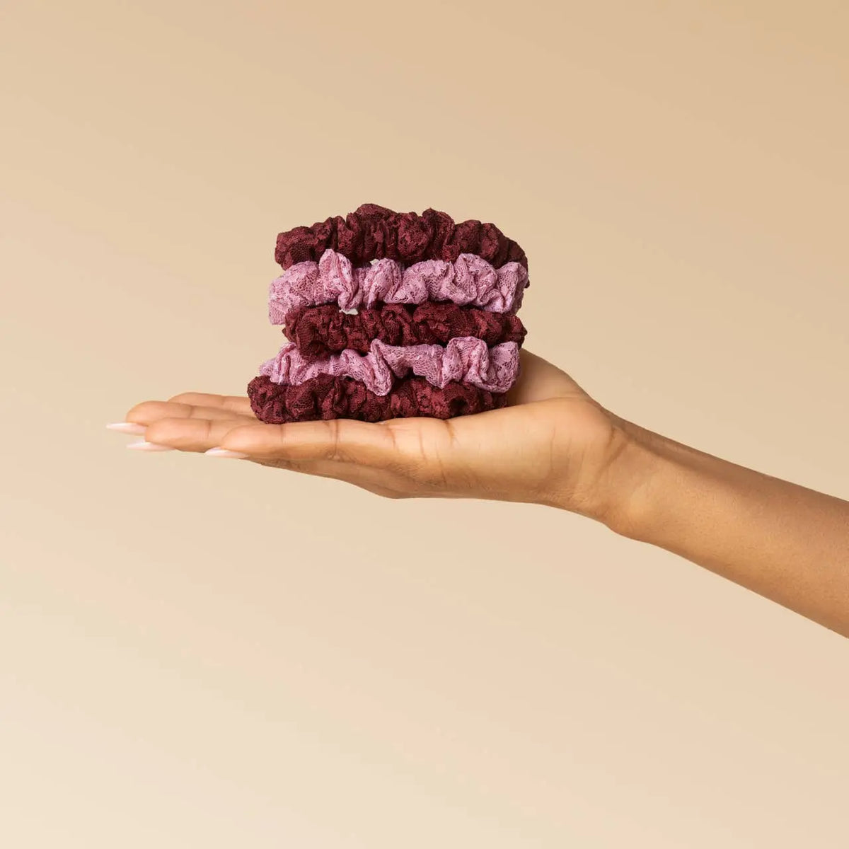Ruched Lace Scrunchies 5pc Set - Cherry Lacquer & Dusty Pink KITSCH