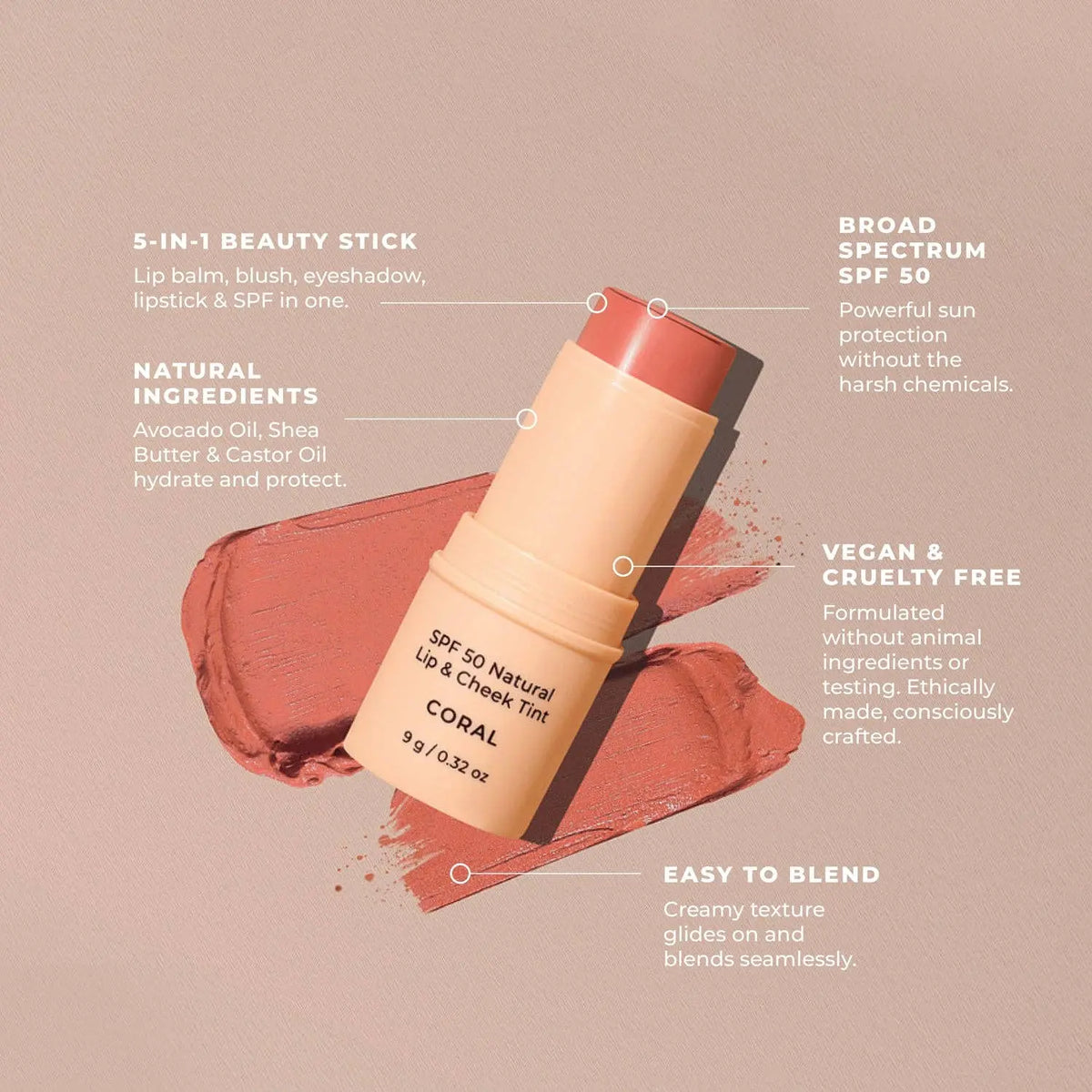 SPF 50 Natural Lip & Cheek Tint: Coral Avocado Zinc