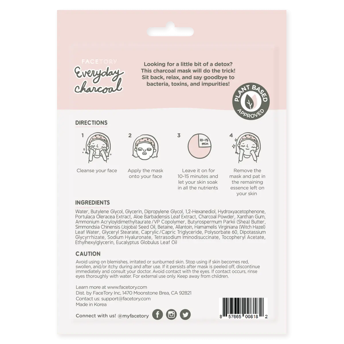 Face Mask - Korean Beauty - Detoxifying - Everyday- Charcoal FaceTory