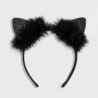 Satin Cat Ears Headband - Black Glitter