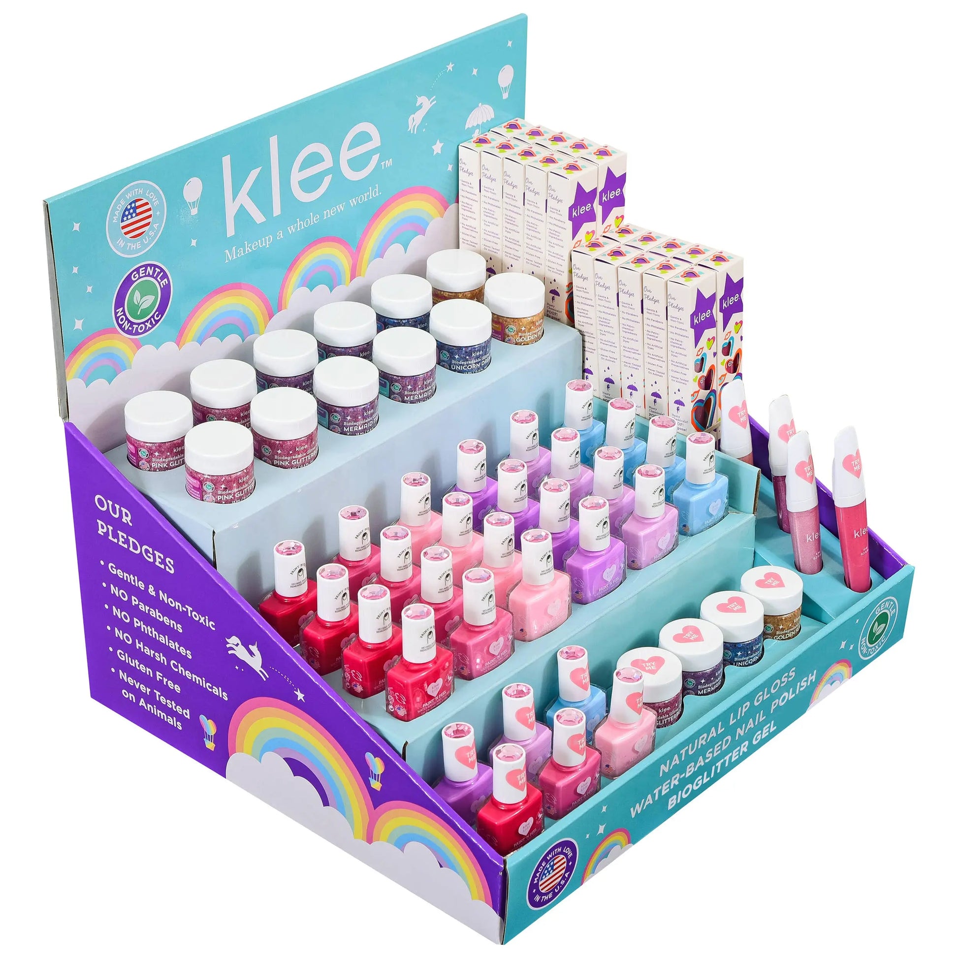 NEW! 56PC Makeup Display w/ Lip Gloss, Glitter, Nail Polish Klee Naturals