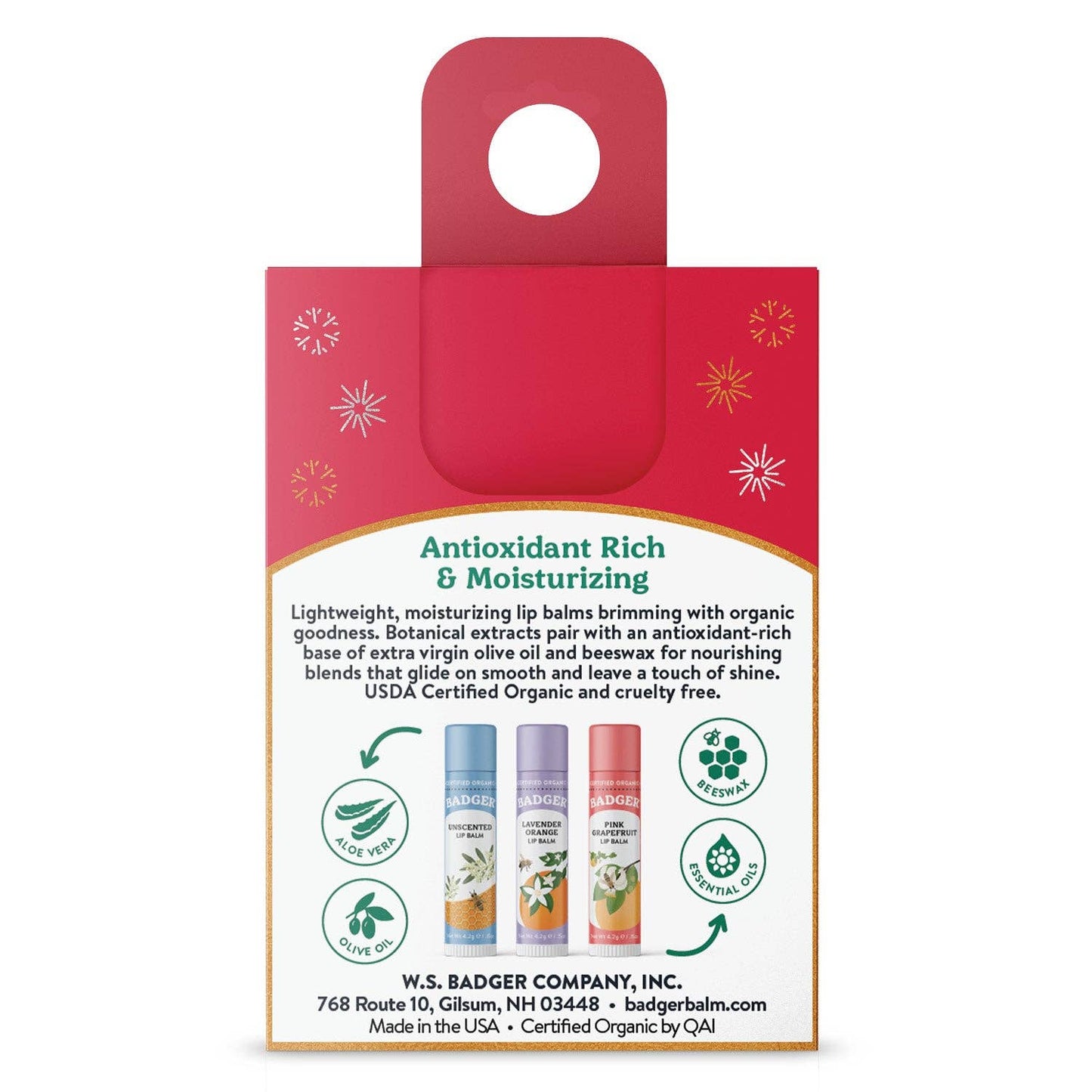 Badger Holiday Lip Balm Set 3-Pack - Red Box: 3 x 0.15 oz Sticks