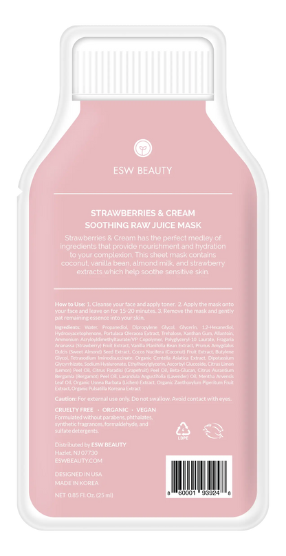Strawberries and Cream Soothing Raw Juice Sheet Mask: With Peg Hole ESW Beauty