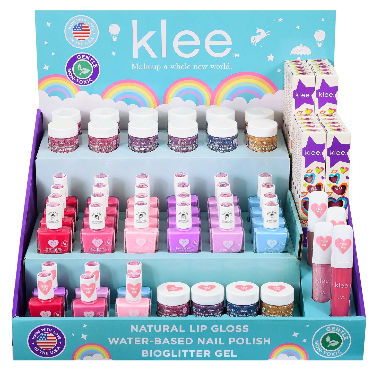 NEW! 56PC Makeup Display w/ Lip Gloss, Glitter, Nail Polish Klee Naturals