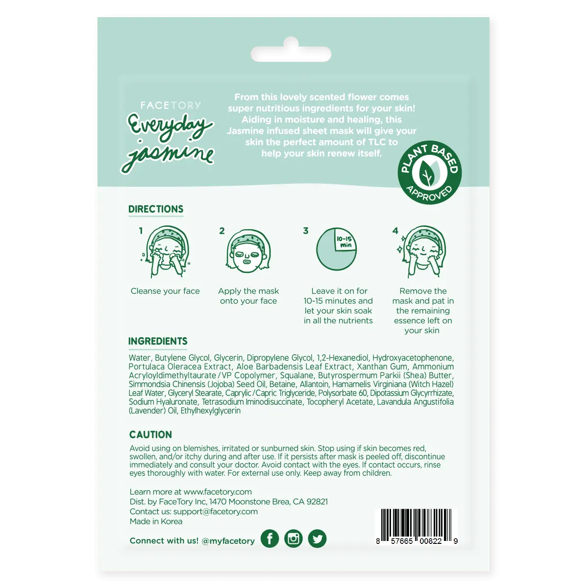 Face Mask - Korean Beauty - Moisturizing - Everyday- Jasmine FaceTory