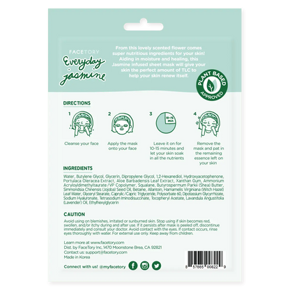 Face Mask - Korean Beauty - Moisturizing - Everyday- Jasmine FaceTory