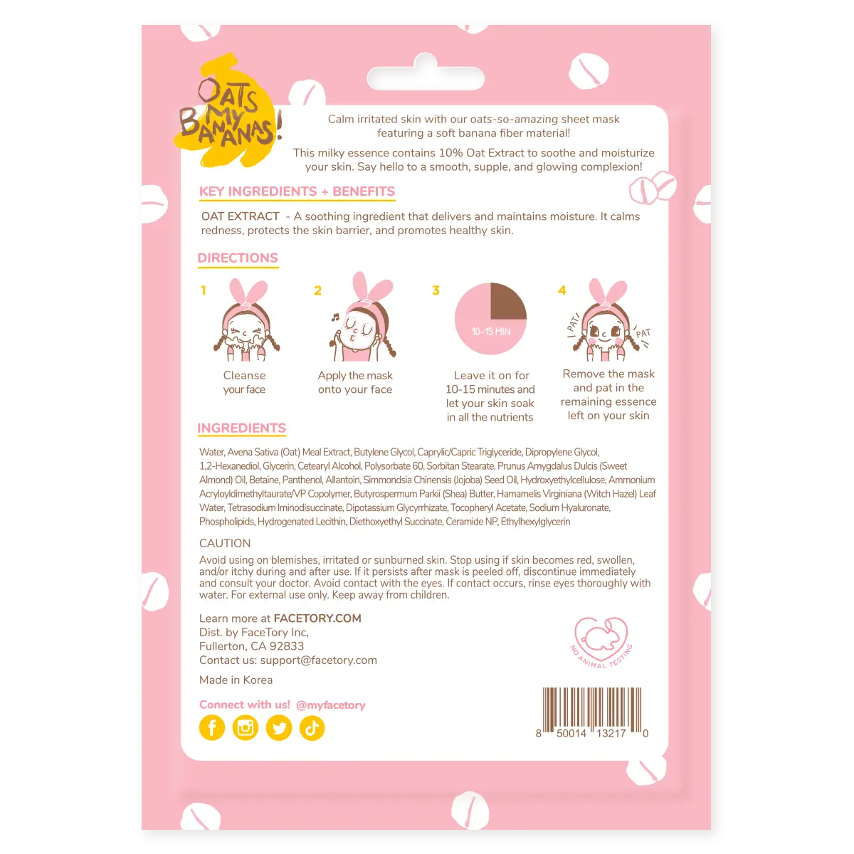 Sheet Face Mask - Korean Beauty - Soothing - Oats My Bananas FaceTory