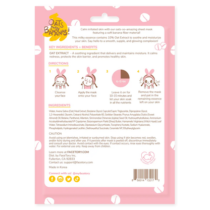 Sheet Face Mask - Korean Beauty - Soothing - Oats My Bananas FaceTory