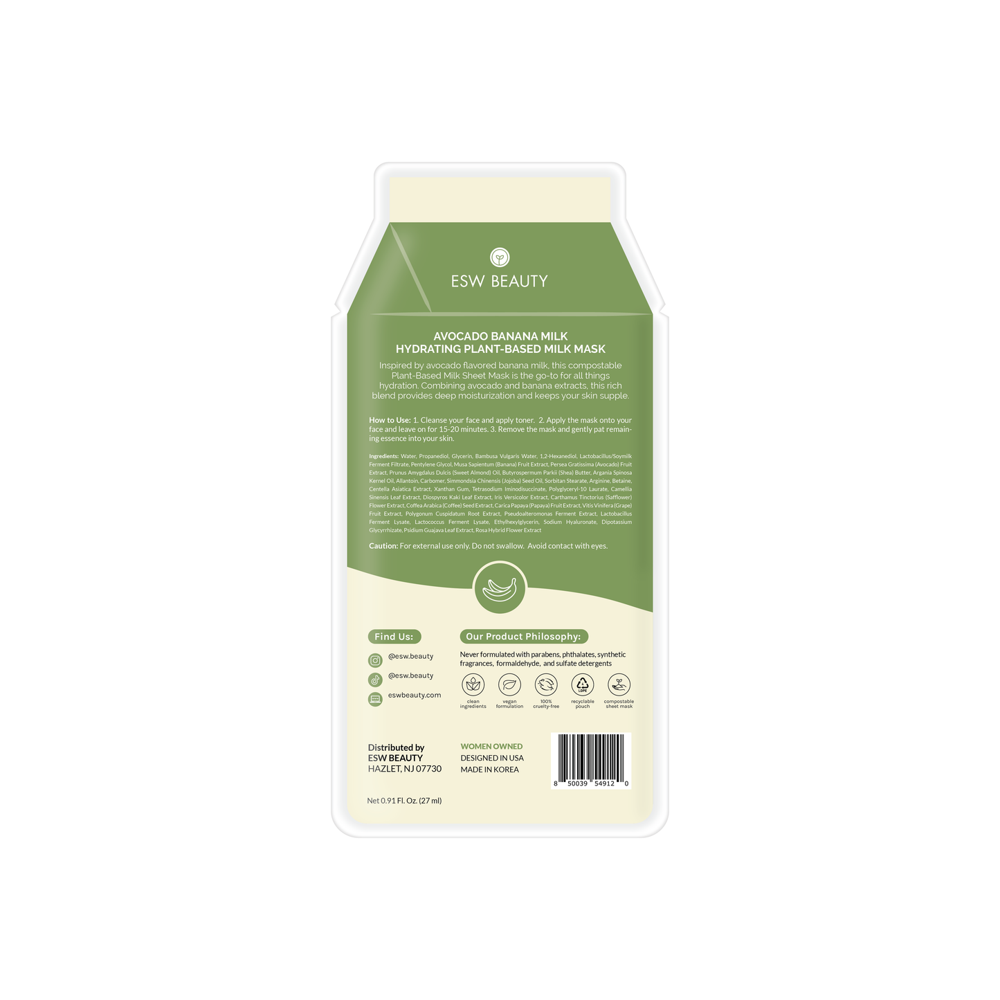 Avocado Banana Milk Hydrating Plant-Based Milk Sheet Mask: With Peg Hole ESW Beauty