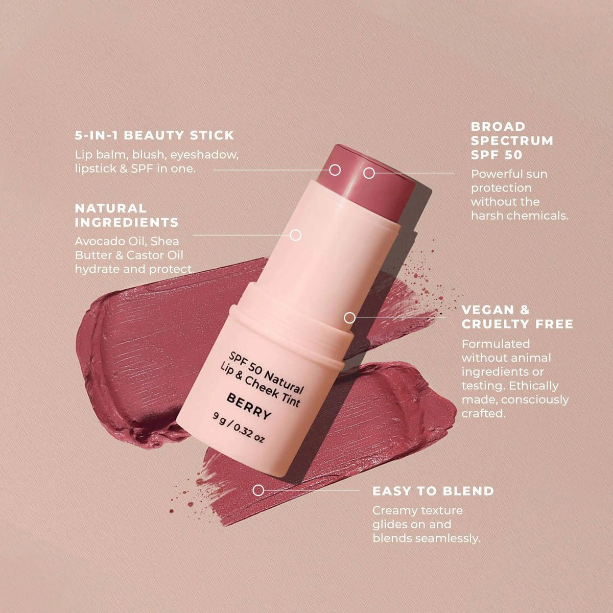 SPF 50 Natural Lip & Cheek Tint: Red Earth Avocado Zinc