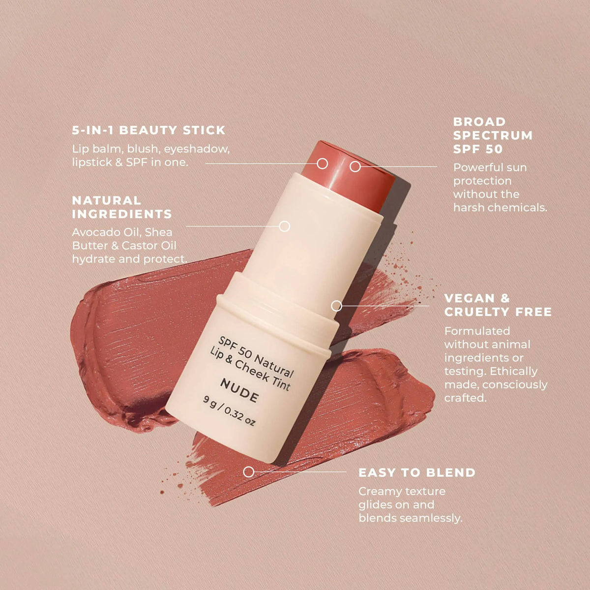 SPF 50 Natural Lip & Cheek Tint: Red Earth Avocado Zinc