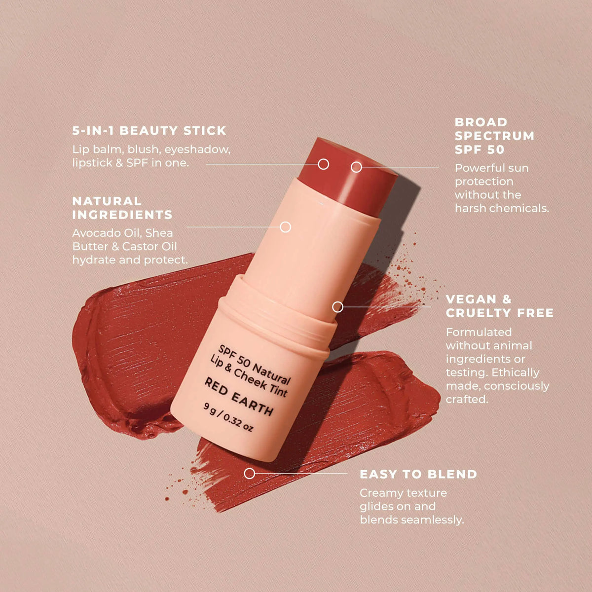 SPF 50 Natural Lip & Cheek Tint: Red Earth Avocado Zinc