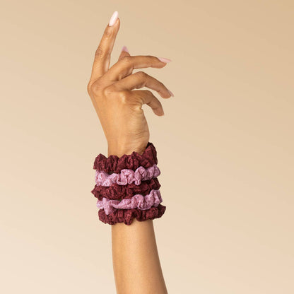 Ruched Lace Scrunchies 5pc Set - Cherry Lacquer & Dusty Pink